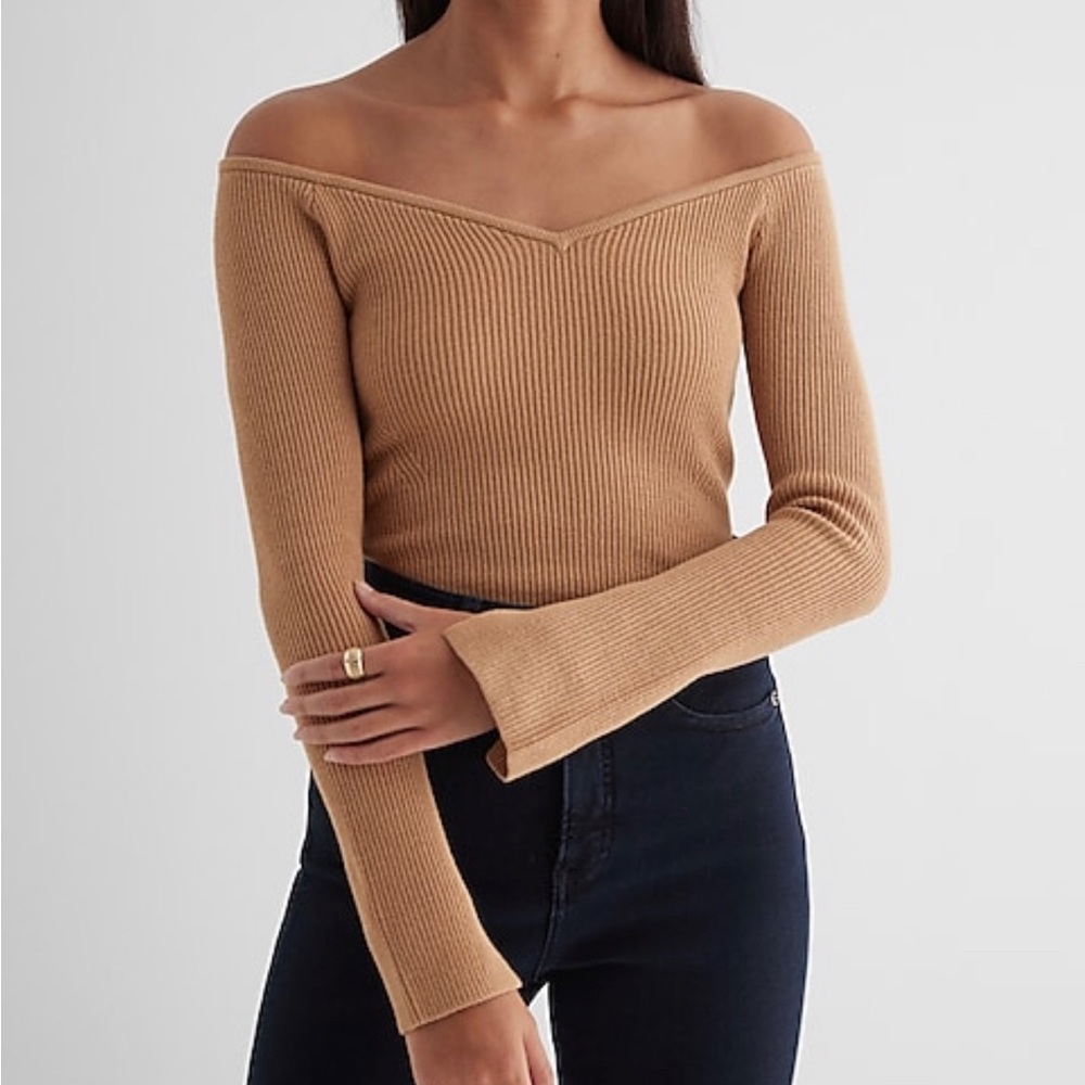 Fitted ribbed off the shoulder sweater top